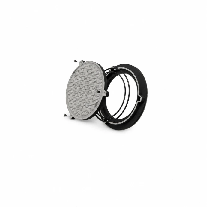 Heavy-duty circular FRP underground water tank cover with watertight seal.