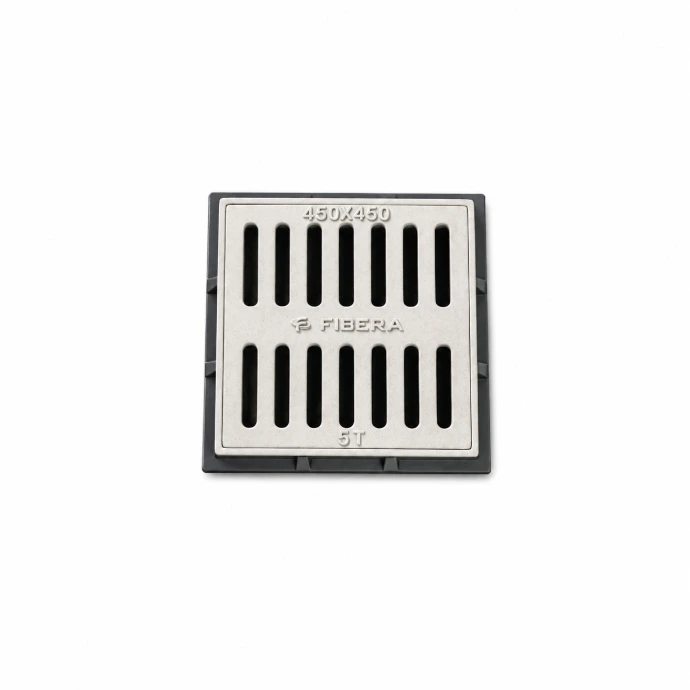 Rectangular light grey FRP drainage grating.