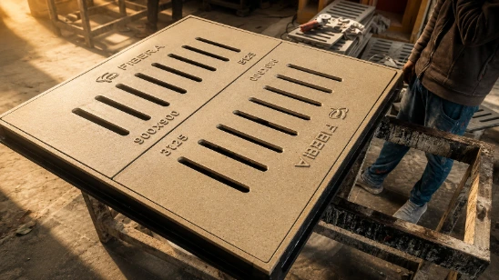 Multiple tan rectangular FRP slotted trench drain covers.
